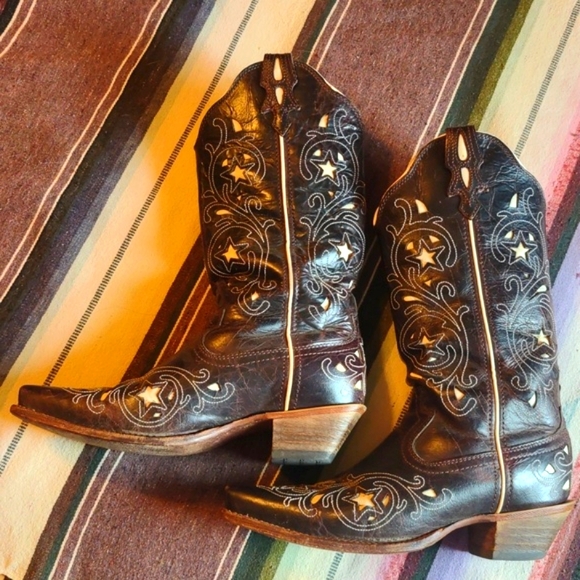 Twisted X pointed toe dress boot size 8 B Dark Brown with white inlay stars - Picture 2 of 4